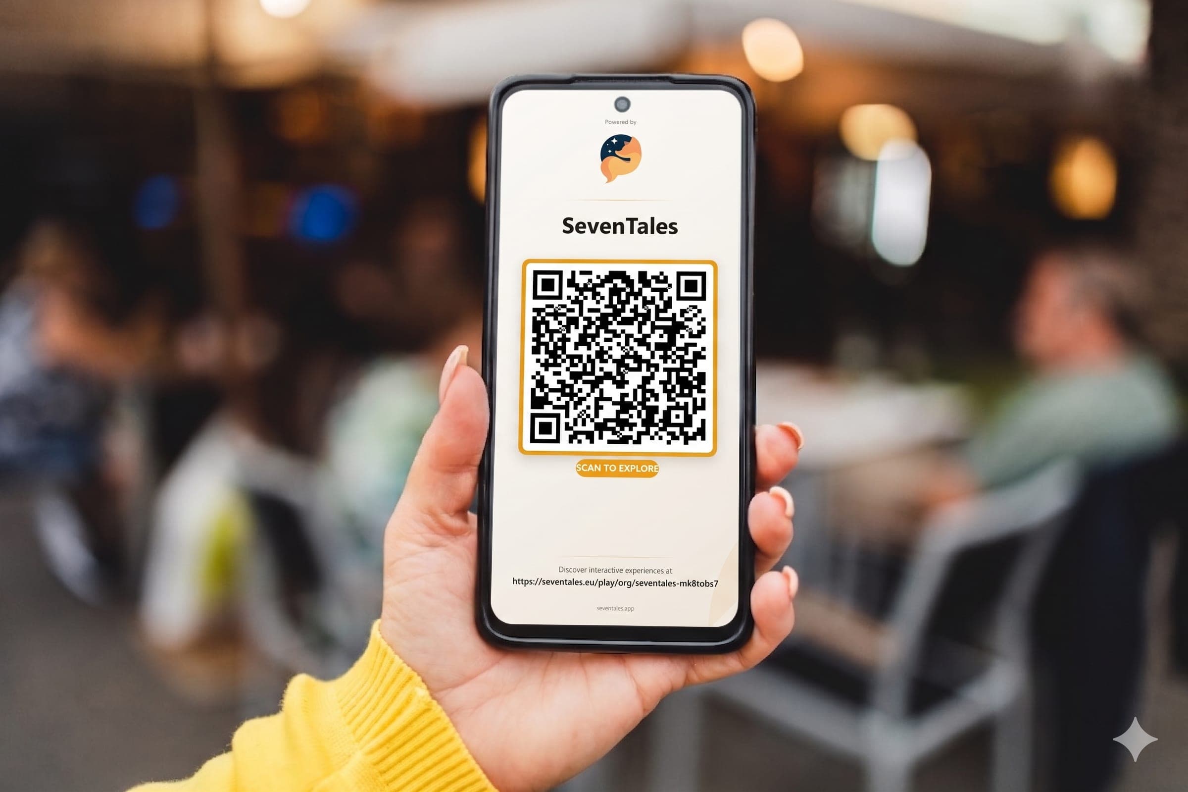 A published SevenTales activity opening on a phone via a scanned QR code.